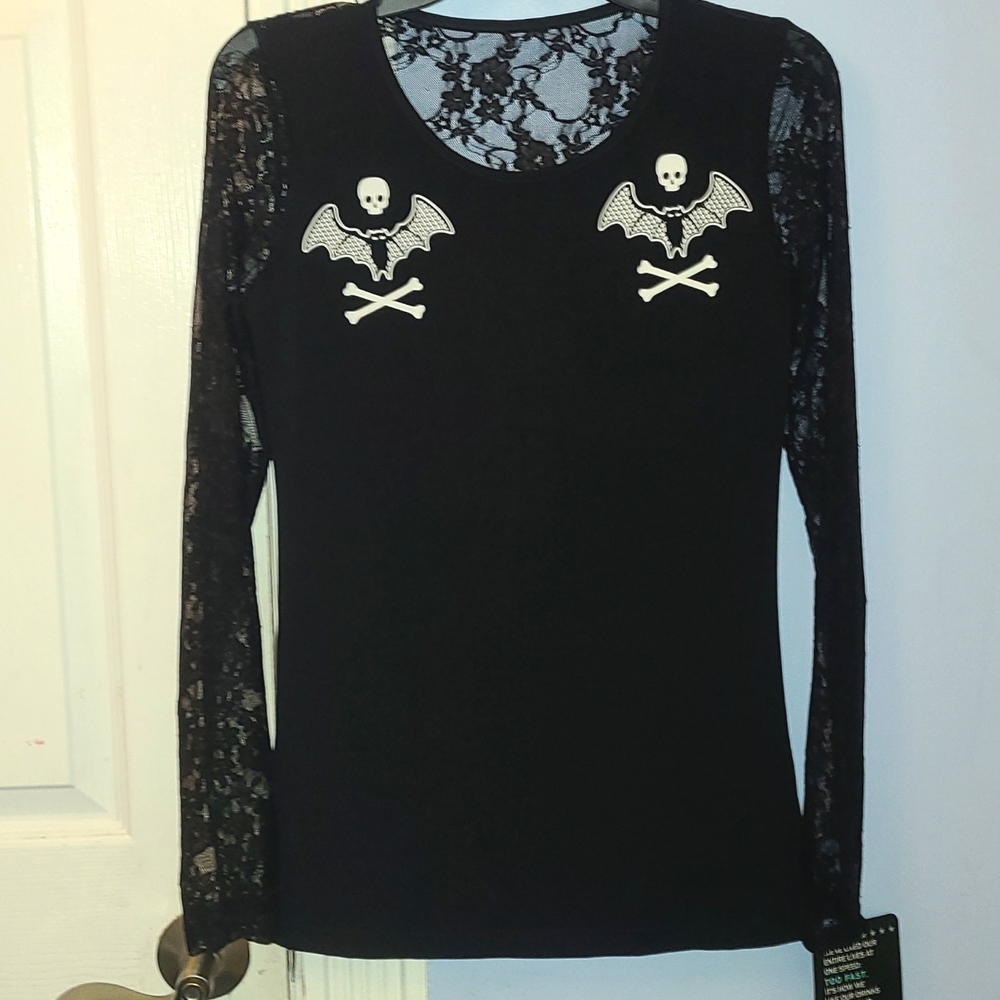 NWT Too Fast Long sleeve Black lace shirt, size M